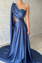 Vestido de fiesta largo azul de diseñador con corte en A, un hombro sin mangas