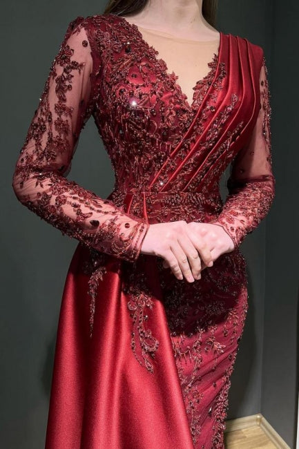 Vestidos de noche largos de sirena con encaje burdeos y cuentas de diseñador con mangas largas