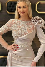 Vestidos de noche largos de diseño con encaje de sirena color champán y mangas largas