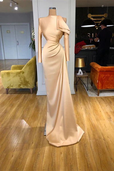 Langes Champagner-Meerjungfrauen-Ballkleid aus Satin mit langen Ärmeln