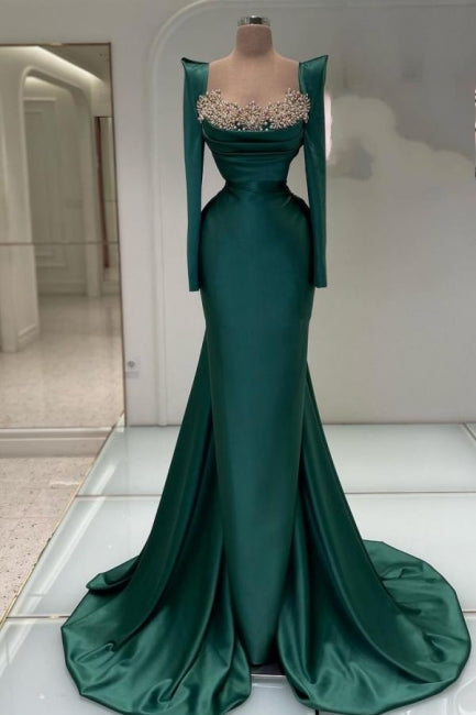 Vestidos de fiesta largos de sirena con mangas largas y cuentas de color verde oscuro de diseñador
