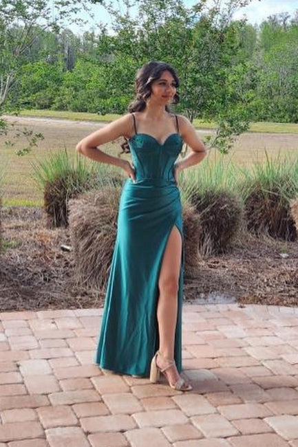 Designer Long Dark Green Sleeveless Spaghetti Straps Prom Dresses With Slit