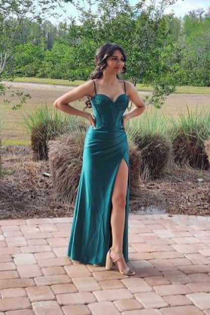 Designer Long Dark Green Sleeveless Spaghetti Straps Prom Dresses With Slit