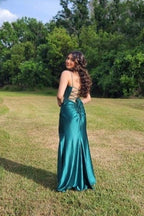Vestidos de fiesta largos de diseñador verde oscuro sin mangas con tirantes finos y abertura