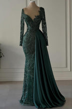 Vestidos de fiesta largos de sirena con escote en V y encaje verde oscuro de diseñador con mangas largas