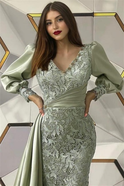 Vestidos de noche largos de sirena con mangas largas y encaje de diseñador en color salvia polvorienta