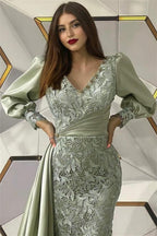 Vestidos de noche largos de sirena con mangas largas y encaje de diseñador en color salvia polvorienta