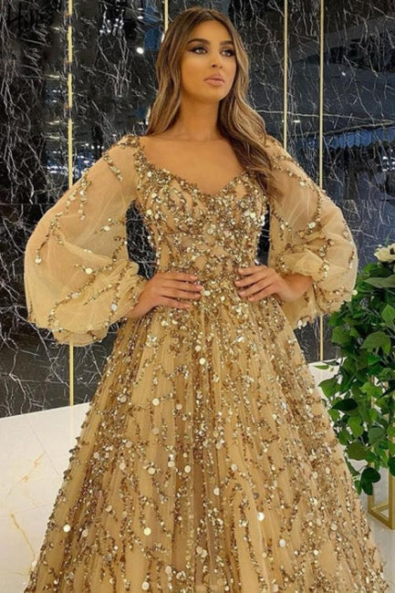 Vestidos de noche largos de diseñador con corte A dorado, encaje, lentejuelas, mangas largas y brillo.