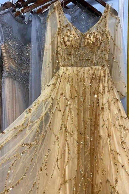 Vestidos de noche largos de diseñador con corte A dorado, encaje, lentejuelas, mangas largas y brillo.
