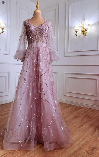 Vestidos de noche largos de diseñador con corte A dorado, encaje, lentejuelas, mangas largas y brillo.