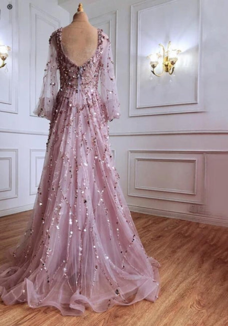 Vestidos de noche largos de diseñador con corte A dorado, encaje, lentejuelas, mangas largas y brillo.