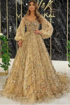 Vestidos de noche largos de diseñador con corte A dorado, encaje, lentejuelas, mangas largas y brillo.