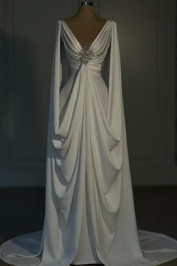 Vestido de novia largo de satén color marfil con escote en V y corte A de diseñador con mangas largas