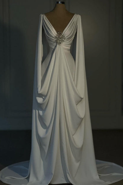 Designer Long Ivory A-line V-neck Satin Wedding Dress with Long Sleeves