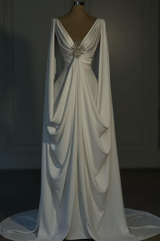 Designer Long Ivory A-line V-neck Satin Wedding Dress with Long Sleeves