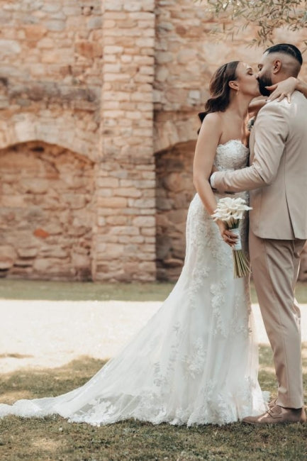 Designer Long Ivory Mermaid Strapless Lace Wedding Dress with Train