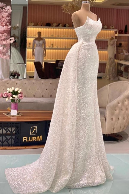Vestidos de fiesta de sirena largos sin tirantes color marfil con purpurina de diseñador