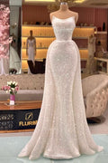 Vestidos de fiesta de sirena largos sin tirantes color marfil con purpurina de diseñador