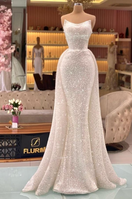 Vestidos de fiesta de sirena largos sin tirantes color marfil con purpurina de diseñador