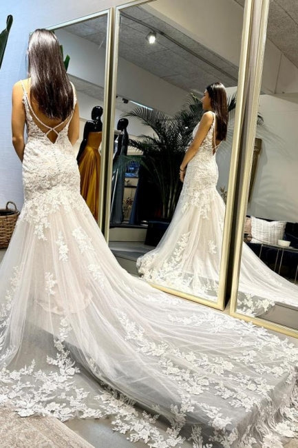 Vestidos de novia largos de diseño con apliques de sirena, sin mangas y encaje