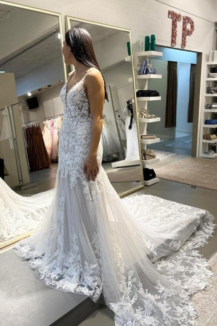 Vestidos de novia largos de diseño con apliques de sirena, sin mangas y encaje