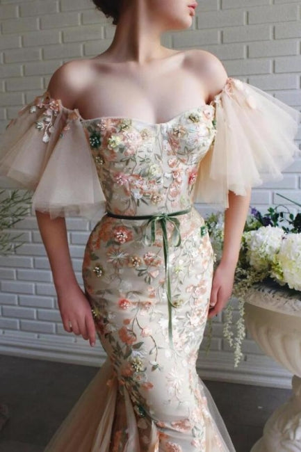 Vestido de fiesta de tul con encaje, hombros descubiertos y flores, estilo sirena, de diseñador