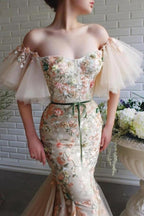 Vestido de fiesta de tul con encaje, hombros descubiertos y flores, estilo sirena, de diseñador