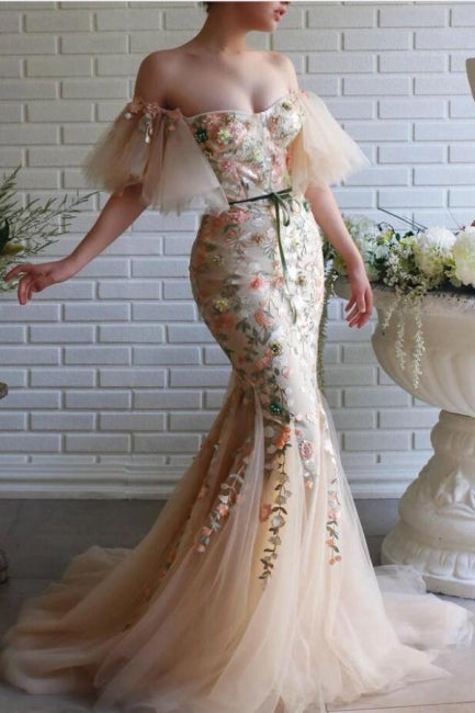 Vestido de fiesta de tul con encaje, hombros descubiertos y flores, estilo sirena, de diseñador