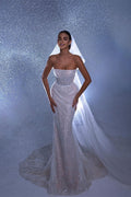 Vestido de novia de diseño largo de sirena sin mangas con encaje y cola