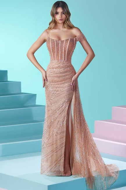 Vestido de fiesta largo de sirena con tirantes finos, cuentas y lentejuelas, con abertura y diseño de diseñador
