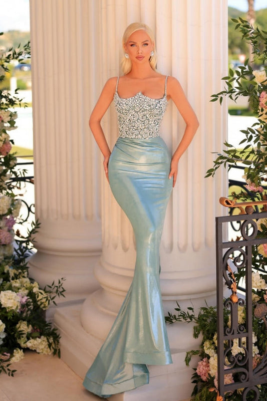 Designer Langes Meerjungfrau Spaghettiträger Spitzen-Ballkleid mit Glitzer