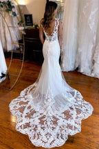 Vestidos de novia de diseñador con escote en V, sirena, espalda descubierta, encaje, sin mangas y cola