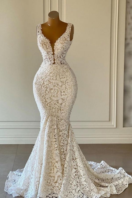 Designer Lange Meerjungfrau V-Ausschnitt Ärmellose Brautkleider Mit Spitze