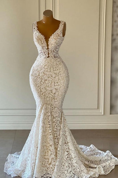 Designer Lange Meerjungfrau V-Ausschnitt Ärmellose Brautkleider Mit Spitze