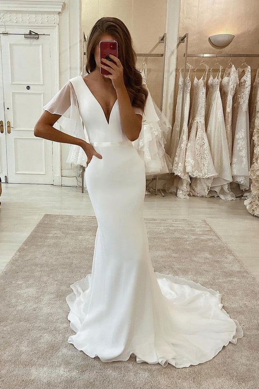 Designer Langes Meerjungfrau Weiß Satin Tüll Kurze Ärmel Brautkleid Mit Schleppe