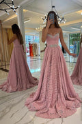 Vestidos de noche largos de diseño con tirantes finos en color rosa y encaje
