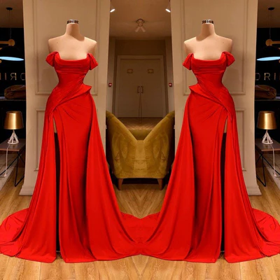 Vestido de fiesta sexy de satén sin mangas, largo, rojo, con abertura y corte en A de diseñador