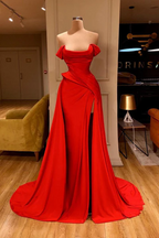 Vestido de fiesta sexy de satén sin mangas, largo, rojo, con abertura y corte en A de diseñador