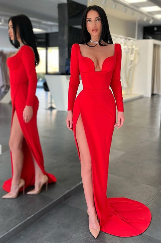 Vestido de fiesta rojo sexy de manga larga con abertura y diseño de diseñador