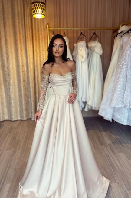 Designer Langes, einfaches A-Linien-Abendkleid aus Satin mit Herzausschnitt und Pailletten und Ärmeln
