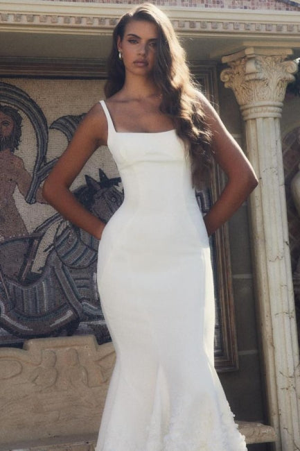 Designer Long White Mermaid Spaghetti Straps Satin Wedding Dress