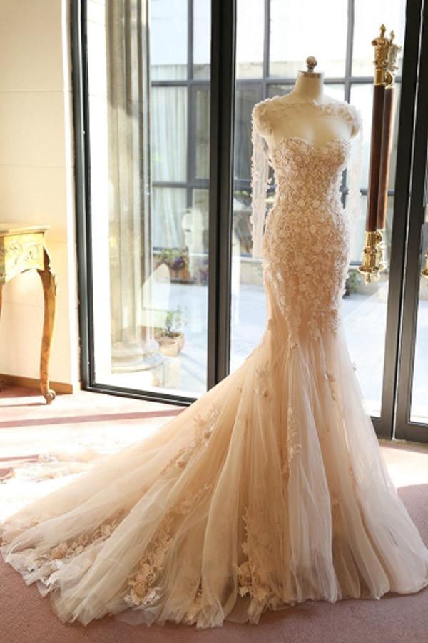 Vestido de novia de sirena con mangas largas y flores transparentes, espalda abierta, WD101