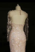 Vestido de novia de sirena con mangas largas y flores transparentes, espalda abierta, WD101