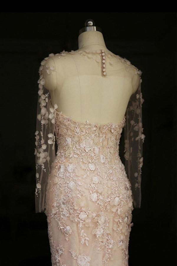 Vestido de novia de sirena con mangas largas y flores transparentes, espalda abierta, WD101