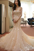 Vestido de novia de sirena con mangas largas y flores transparentes, espalda abierta, WD101