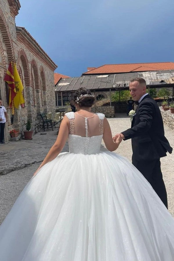 Vestidos de novia de diseño princesa, largos, de corte A, con lentejuelas y sin mangas