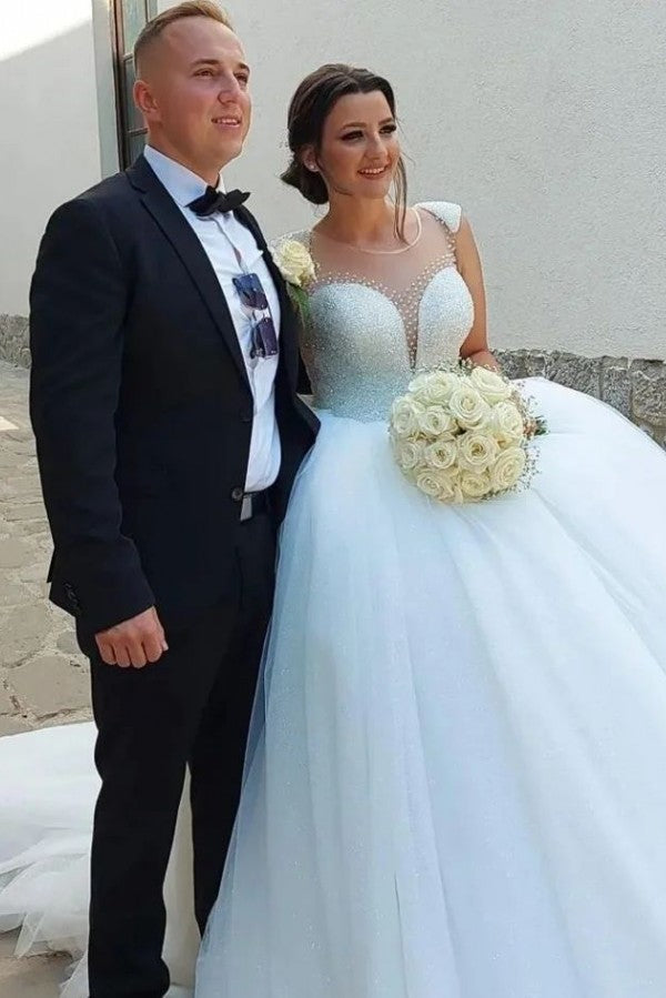 Vestidos de novia de diseño princesa, largos, de corte A, con lentejuelas y sin mangas