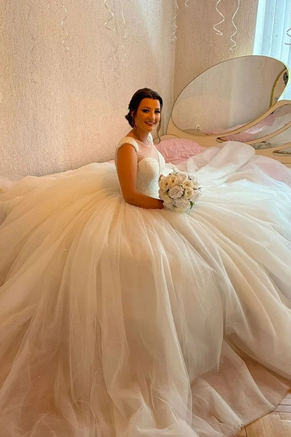 Vestidos de novia de diseño princesa, largos, de corte A, con lentejuelas y sin mangas