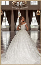 Vestidos de novia de diseño de princesa, largos, blancos, con hombros descubiertos y purpurina, corte A