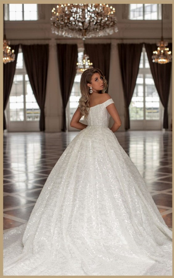 Vestidos de novia de diseño de princesa, largos, blancos, con hombros descubiertos y purpurina, corte A